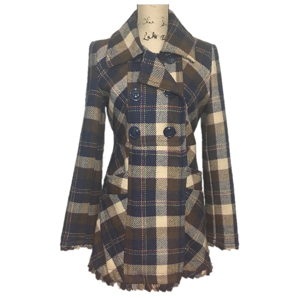 Tulle Wool Pea Coat Big Buttons Ruffles Plaid Blue